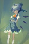  blue_bow blue_eyes blue_hair blue_shirt blue_skirt bow chromatic_aberration cirno collared_shirt commentary_request fairy_wings feet_out_of_frame green_background hair_bow highres ice ice_wings kerchief no_pupils orange_neckwear pikumin puffy_short_sleeves puffy_sleeves shirt short_hair short_sleeves skirt skirt_set solo standing touhou white_shirt wing_collar wings 