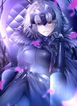  absurdres ahoge black_dress breasts breasts_apart crossed_legs dress eyebrows_visible_through_hair fate/grand_order fate_(series) gauntlets hair_ornament hand_on_own_knee highres jeanne_d'arc_(alter)_(fate) jeanne_d'arc_(fate)_(all) large_breasts looking_at_viewer parted_lips shiny shiny_clothes short_hair silver_hair sitting solo suisen-21 yellow_eyes 