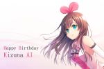  a.i._channel arm_warmers birthday blue_eyes brown_hair collarbone commentary english gradient gradient_background hairband happy_birthday highres kizuna_ai long_hair looking_at_viewer multicolored_hair sailor_collar saira sleeveless smile solo streaked_hair virtual_youtuber white_background 