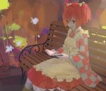  apron bangs bell bench book bow closed_mouth commentary_request dress hair_bell hair_between_eyes hair_bow hair_ornament highres long_sleeves motoori_kosuzu open_book orange_dress orange_hair park_bench pikumin reading red_eyes short_hair short_twintails sitting smile solo touhou twintails wide_sleeves yellow_apron 