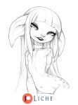  arm_warmers armwear asura clothing collar female flat_chested guild_wars hair humanoid legwear licheart long_hair looking_at_viewer monochrome nude simple_background smile solo spotte stockings video_games 