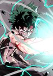  angry attack blood blood_on_face boku_no_hero_academia clenched_teeth commentary dust_cloud english_commentary glowing glowing_hand glowing_veins green_eyes green_hair injury kyo-ani_love male_focus midoriya_izuku muscle shirtless short_hair solo sparks tears teeth wind 