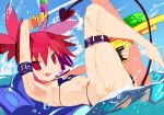  arm_belt armpits ass bikini breasts commentary_request demon_tail disgaea etna highres leg_belt looking_at_viewer miyakawa106 partially_submerged red_eyes red_hair short_twintails small_breasts smile splashing swimsuit tail tongue tongue_out twintails water_gun wet 