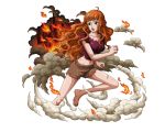  barefoot boa_marigold bodskih crying curly_hair fire long_hair midriff navel official_art one_piece open_mouth orange_hair solo teeth torn_clothes transparent_background younger 