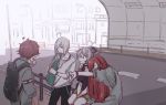  2girls ahoge backpack bag flower_(vocaloid) fukase head_flag long_hair mi_no_take multiple_boys multiple_girls ponytail red_hair road sf-a2_miki silver_hair sitting stretch urban utatane_piko vocaloid white_hair 