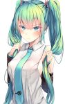 bangs blush detached_sleeves green_eyes green_hair hair_between_eyes hatsune_miku highres kiseno long_hair nail_polish necktie sidelocks simple_background solo twintails upper_body very_long_hair vocaloid white_background 