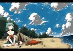  any_(lucky_denver_mint) barefoot beach blue_sky bonfire bow brown_eyes cloud crossed_legs eyebrows_visible_through_hair fairy_(kantai_collection) fish fishing_rod full_body green_bow green_hair green_skirt hair_bow kantai_collection looking_up pleated_skirt ponytail school_uniform serafuku short_sleeves sitting skirt sky tent yuubari_(kantai_collection) 