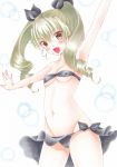  anchovy bikini black_bikini blush breasts brown_eyes covered_nipples drill_hair girls_und_panzer green_hair groin hachiko_(momo_haku_santa) looking_at_viewer navel open_mouth simple_background small_breasts smile solo swimsuit swimwear white_background 