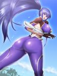  00s 1girl akiyama_rinko artist_request ass blue_hair bodysuit breasts cameltoe gloves hips large_breasts long_hair looking_at_viewer open_mouth ponytail purple_eyes shiny shiny_clothes shiny_hair sideboob skin_tight solo sweat taimanin_(series) taimanin_asagi taimanin_yukikaze taimanin_yukikaze_2 very_long_hair 