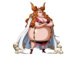  blue_eyes boa_marigold bodskih boots breasts cape cleavage crossed_arms curly_hair epaulettes fat flower full_body hair_flower hair_ornament large_breasts long_hair midriff official_art one_piece orange_hair solo transparent_background 