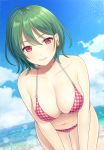  bare_arms bare_shoulders beach bikini blue_sky blush breasts cloud collarbone commentary cowboy_shot day dutch_angle ear_piercing green_hair hair_between_eyes halterneck kazami_yuuka large_breasts leaning_forward lens_flare looking_at_viewer navel outdoors piercing plaid plaid_bikini red_bikini red_eyes revision short_hair sky smile solo standing stomach swimsuit thighs touhou v_arms water yamayu 