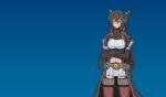  black_gloves black_hair blue_background breasts closed_eyes cowboy_shot crossed_arms elbow_gloves gloves headgear kantai_collection large_breasts long_hair midriff mikoto_(oi_plus) miniskirt nagato_(kantai_collection) navel pleated_skirt remodel_(kantai_collection) simple_background skirt solo thighhighs white_skirt 