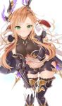 asymmetrical_bangs bangs blonde_hair blush breasts breasts_apart cleavage crop_top detached_sleeves floating_hair gloves granblue_fantasy green_eyes hair_ornament hand_on_own_knee highres leaning_forward long_hair medium_breasts midriff navel simple_background smile solo song_(granblue_fantasy) standing stomach thighhighs very_long_hair white_background white_gloves white_l 