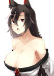  animal_ears areola_slip areolae armpit_peek bangs bare_shoulders black_hair breasts brooch cleavage collarbone commentary_request deetamu dress fangs hair_between_eyes highres imaizumi_kagerou jewelry large_breasts long_hair off-shoulder_dress off_shoulder open_mouth parted_bangs red_eyes simple_background solo touhou upper_body white_background wolf_ears 