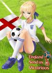  2018_fifa_world_cup artoria_pendragon_(all) ball blonde_hair bow braid check_commentary commentary_request england english english_flag fate/stay_night fate_(series) flag french_braid grass green_eyes hair_between_eyes hair_bow hair_bun open_mouth revision saber sidelocks soccer soccer_ball soccer_field soccer_uniform solo sportswear telstar world_cup yangq07 