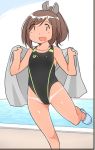  alternate_costume black_swimsuit brown_hair competition_swimsuit feet_out_of_frame grey_towel hair_ornament hairclip highleg highleg_swimsuit i-401_(kantai_collection) kantai_collection one-piece_swimsuit ponytail pool poolside sandals short_ponytail solo standing standing_on_one_leg swimsuit swimsuit_tan tan tanline zuizou |_| 