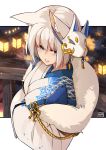  alternate_costume angry_num animal_ears azur_lane blue_eyes blush fox_ears from_above japanese_clothes kaga_(azur_lane) kimono looking_to_the_side mask mask_on_head parted_lips short_hair signature silver_hair solo yukata 