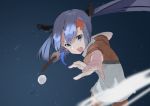  ball bangs blue_eyes blue_hair blurry character_check check_copyright commentary_request depth_of_field directional_arrow_hair_ornament hair_ornament holding holding_paddle kamiya_agari long_hair open_mouth paddle pikumin round_teeth shakunetsu_no_takkyuu_musume solo standing table_tennis_ball table_tennis_paddle teeth twintails v-shaped_eyebrows 