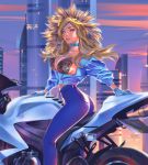  arm_support ass blonde_hair blue_eyes bra breasts building choker city cleavage collarbone from_side fur-trimmed_hood fur_trim gloves ground_vehicle high-waist_pants large_breasts lips long_hair looking_at_viewer looking_to_the_side mercy_(overwatch) motor_vehicle motorcycle on_motorcycle overwatch see-through sky solo straddling taiss14 underwear wind 