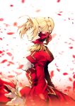  ahoge blonde_hair bow breasts dress fate/extra fate_(series) from_side hair_between_eyes hair_bow medium_breasts nero_claudius_(fate) nero_claudius_(fate)_(all) red_bow red_dress short_hair sideboob solo standing white_background yellow_eyes yunomitootya 