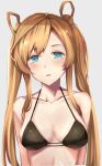  abukuma_(kantai_collection) alternate_costume amco bangs bikini black_bikini blonde_hair blue_eyes blush breasts cleavage collarbone commentary double_bun eyebrows_visible_through_hair grey_background hair_between_eyes hair_rings head_tilt highres kantai_collection long_hair looking_at_viewer open_mouth sidelocks simple_background solo swimsuit twintails upper_body 