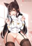  animal_ears atago_(azur_lane) azur_lane bangs bear_pin blush breasts brown_hair commentary english_commentary extra_ears eyebrows_visible_through_hair garter_straps hands_up large_breasts military military_uniform mole mole_under_eye no_pants open_mouth pussy ribbon sitting smile swept_bangs thighhighs tofuubear tongue uniform white_ribbon yellow_eyes 
