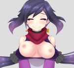  ^_^ ayame_(gundam_build_divers) blush bouncing_breasts breasts breasts_outside cleavage closed_eyes closed_mouth commentary_request grey_background gundam gundam_build_divers highres kumapan large_breasts long_hair motion_blur nipples no_mask purple_hair simple_background smile solo_focus twintails upper_body 