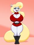  2018 animaniacs anthro belt big_breasts blonde_hair blue_eyes boots breasts cleavage cleavage_cutout clothed clothing digital_media_(artwork) eyelashes eyeshadow female footwear fully_clothed fur hair hand_behind_back huge_breasts joelasko keyhole_turtleneck long_hair looking_at_viewer makeup mammal midriff minerva_mink miniskirt mink mustelid navel nipple_bulge open_mouth pink_background pink_nose simple_background skirt smile solo standing sweater thick_thighs tongue voluptuous warner_brothers white_fur wide_hips 