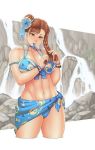 abs adjusting_hair alternate_costume bangs bare_shoulders bikini blue_bikini braided_bun breasts brown_eyes brown_hair chun-li collarbone hair_bun hips keung_lee large_breasts legs looking_at_viewer mouth_hold muscle muscular_female navel solo source_request street_fighter swimsuit thick_thighs thighs 