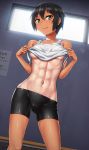  abs ass_visible_through_thighs bike_shorts black_hair contrapposto hashi indoors lens_flare looking_at_viewer looking_down navel no_bra one-piece_tan original shirt_lift short_hair shorts skin_tight smile solo standing tan tanline tomboy undressing yellow_eyes 