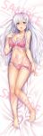  aldehyde bare_shoulders barefoot bed_sheet blush bow bow_bra bow_panties bra breasts cleavage collarbone dakimakura eyebrows_visible_through_hair eyes_visible_through_hair frilled_bra frilled_panties frills full_body hair_between_eyes hair_ornament hair_spread_out hairclip highres large_breasts legs long_hair looking_at_viewer lying navel neeko nose_blush on_back open_mouth original panties panty_pull pink_bra pink_panties red_eyes sample silver_hair solo stomach thigh_gap thighs underwear underwear_only white_bow 