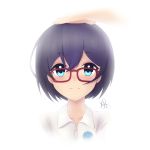  3: bad_id bad_pixiv_id bangs bloom blue_eyes blue_hair blush bob_cut closed_mouth crossed_bangs dark_blue_hair dot_nose embarrassed glasses hand_on_another's_head highres kereaker looking_at_viewer nose_blush original parted_bangs pov pov_hands red-framed_eyewear self_upload shirt simple_background solo_focus vignetting white_background white_shirt wing_collar 