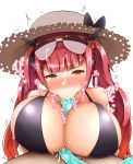  alternate_costume azur_lane bare_shoulders black_ribbon black_swimsuit blush breasts commentary_request dial16yoi eyebrows_visible_through_hair eyewear_on_head hair_ribbon hat honolulu_(azur_lane) hose hose_between_breasts huge_breasts implied_fellatio long_hair looking_at_viewer nose_blush red_eyes red_hair ribbon sexually_suggestive simple_background solo straw_hat sun_hat sunglasses swimsuit tied_hair trembling twintails water white_background 