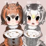  bird_tail bird_wings blonde_hair blush brown_hair buttons closed_mouth coat commentary_request eurasian_eagle_owl_(kemono_friends) eyebrows_visible_through_hair fur_collar kemono_friends long_sleeves multicolored_hair multiple_girls northern_white-faced_owl_(kemono_friends) open_mouth owl_ears plate short_hair turbo_engine_(rakugaki_tabo) white_hair wings younger 