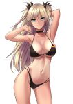  admiral_hipper_(azur_lane) alternate_breast_size alternate_costume alternate_eye_color arm_behind_head arm_up armpits ass_visible_through_thighs azur_lane bangs bare_shoulders bikini black_bikini black_ribbon blonde_hair breasts choker cleavage clenched_hand closed_mouth collarbone commentary contrapposto cowboy_shot cross cross_earrings din_(raiden) earrings eyebrows_visible_through_hair flag_print german_flag german_flag_bikini germany green_eyes groin hair_between_eyes hair_ribbon hand_in_hair highleg highleg_bikini iron_cross jewelry large_breasts long_hair looking_at_viewer navel one-piece_tan ribbon simple_background smile solo standing stomach swimsuit tan tanline tsurime two_side_up white_background 