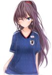  2018_fifa_world_cup ;) bangs blue_eyes blue_shirt brown_hair earrings eyebrows_visible_through_hair hair_between_eyes hair_ornament hand_on_hip high_ponytail ichinose_shiki idolmaster idolmaster_cinderella_girls japan japanese_flag jewelry long_hair nannacy7 one_eye_closed shirt short_sleeves simple_background sketch smile soccer soccer_uniform solo sparkle sportswear upper_body very_long_hair white_background world_cup 