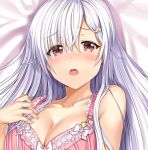  aldehyde bare_shoulders bed_sheet blush bow bow_bra bra breasts cleavage close-up collarbone dakimakura eyebrows_visible_through_hair eyes_visible_through_hair frilled_bra frills hair_between_eyes hair_ornament hairclip large_breasts long_hair looking_at_viewer lying neeko nose_blush on_back open_mouth original pink_bra red_eyes silver_hair solo underwear upper_body white_bow 