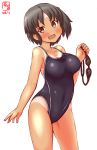  :d artist_logo black_hair black_swimsuit brown_eyes commentary competition_swimsuit cowboy_shot dated goggles goggles_removed highres kanon_(kurogane_knights) kantai_collection looking_at_viewer nagara_(kantai_collection) one-piece_swimsuit one-piece_tan one_side_up open_mouth short_hair simple_background smile solo swimsuit tan tanline white_background 