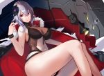  azur_lane bangs bracelet breasts cleavage commentary eyebrows_visible_through_hair fur_trim graf_zeppelin_(azur_lane) hair_between_eyes hair_ornament jacket_on_shoulders jewelry lace large_breasts lingerie looking_at_viewer lying navel navel_cutout on_back one-piece_swimsuit red_eyes revealing_clothes see-through silver_hair sleeveless solo swimsuit underwear zukanosuke 