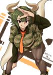  animal_ears aurochs_(kemono_friends) bent_over between_breasts black_legwear breasts brown_eyes camouflage cow_ears dark_green_hair dated green_hair hand_on_own_leg highres horns kemono_friends large_breasts long_sleeves looking_at_viewer midriff miniskirt muu_(d-muu) necktie necktie_between_breasts orange_neckwear pantyhose short_hair short_over_long_sleeves short_sleeves side_slit skirt solo sweat 