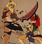  2017 anthro ayn battle blonde_hair blue_eyes brown_fur canine clothing feline female fight fluff-kevlar fur hair jackal lion loki_(fluff-kevlar) male mammal mane melee_weapon piercing red_eyes red_hair sword torn_clothing weapon whiskers 