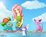  2018 blush clothed clothing cloud crossover cute dratini eeveelution equestria_girls espeon eyelashes female feral fluttershy_(eg) fully_clothed grass group hair human ivysaur kneeling long_hair looking_at_viewer mammal my_little_pony nintendo outside pants petting pink_hair pok&eacute;mon pok&eacute;mon_(species) pond rock seviyummy shirt sky smile teal_eyes video_games water 