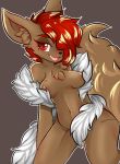  angel_(artist) breasts brown_fur canine chest_tuft convenient_censorship cute_fangs female fluffy fluffy_tail fox fur hair hair_over_eye mammal navel nude open_mouth red_eyes red_hair simple_background slit_pupils solo tuft 