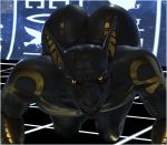  2018 3d_(artwork) all_fours anthro anubian_jackal azentaru_(r-a-s-p) big_butt black_skin bubble_butt butt canine deity digital_media_(artwork) front_view glowing glowing_eyes gold_markings hi_res jackal looking_at_viewer male mammal nude on_ground r-a-s-p_(artist) solo watermark yellow_eyes 