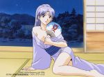  1girl 90s arm_support barefoot breasts cleavage copyright copyright_name expressionless fan high_ponytail holding holding_fan japanese_clothes kimono large_breasts long_hair long_sleeves megami_paradise night off_shoulder official_art paper_fan sash silver_hair sitting solo stashia uchiwa yokozuwari 