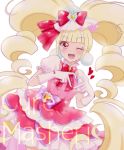  ;d aisaki_emiru bangs blonde_hair blunt_bangs bow character_name commentary cure_macherie dress eyebrows_visible_through_hair frills gloves hair_bow heart heart_hands hugtto!_precure long_hair looking_at_viewer magical_girl one_eye_closed open_mouth pink_eyes precure puffy_short_sleeves puffy_sleeves red_bow short_sleeves simple_background smile smile_(violet) solo twintails very_long_hair white_background white_gloves 