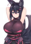  armpits arms_up black_hair blue_eyes blush breasts eyebrows eyebrows_visible_through_hair fox_tail hair_ornament hairclip huge_breasts kiri_(sub-res) kuavera long_hair original raised_eyebrows simple_background smile solo steam sweat tail turtleneck twitter_username white_background 