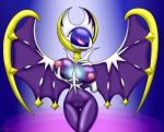  2018 anthro anthrofied big_breasts breasts chameloshi female gradient_background hand_on_breast holding_breast looking_at_viewer lunala nintendo nipples pink_sclera pinup pok&eacute;mon pok&eacute;mon_(species) pok&eacute;morph pose pussy signature simple_background smile solo tongue tongue_out video_games 