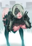  android ass black_blindfold black_hairband blindfold boots breasts feather-trimmed_sleeves gloves hairband highleg highleg_leotard highres hiki_togu juliet_sleeves large_breasts leotard lips long_sleeves mole mole_under_mouth nier_(series) nier_automata nipples puffy_nipples puffy_sleeves silver_hair solo standing thigh_boots thighhighs thighhighs_under_boots white_leotard yorha_no._2_type_b 