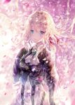  black_gloves blue_eyes blush floating_hair gloves hair_between_eyes hair_ribbon highres iceblue long_hair parted_lips petals red_ribbon ribbon silver_hair solo standing violet_evergarden violet_evergarden_(character) white_neckwear 